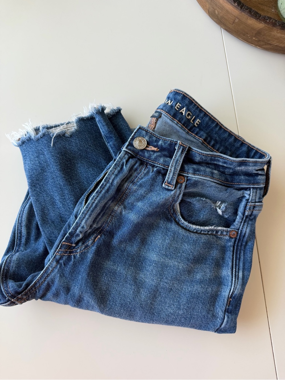 American Eagle Outfitters Frayed Hem High Waisted Blue Mom Jeans
